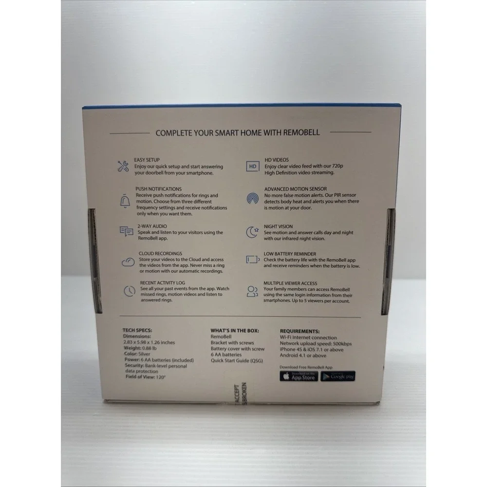 RemoBell Wireless Video Doorbell Wi-Fi Model RMB1M Smart Home Security New